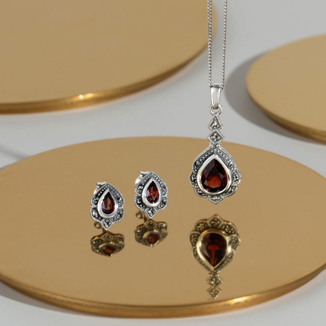 Art Nouveau Style Pear Garnet & Marcasite Leaf Pendant in 925 Sterling Silver