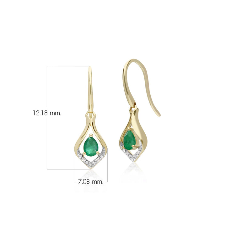 Classic Pear Emerald & Diamond Leaf Drop Earrings in 9ct Yellow Gold