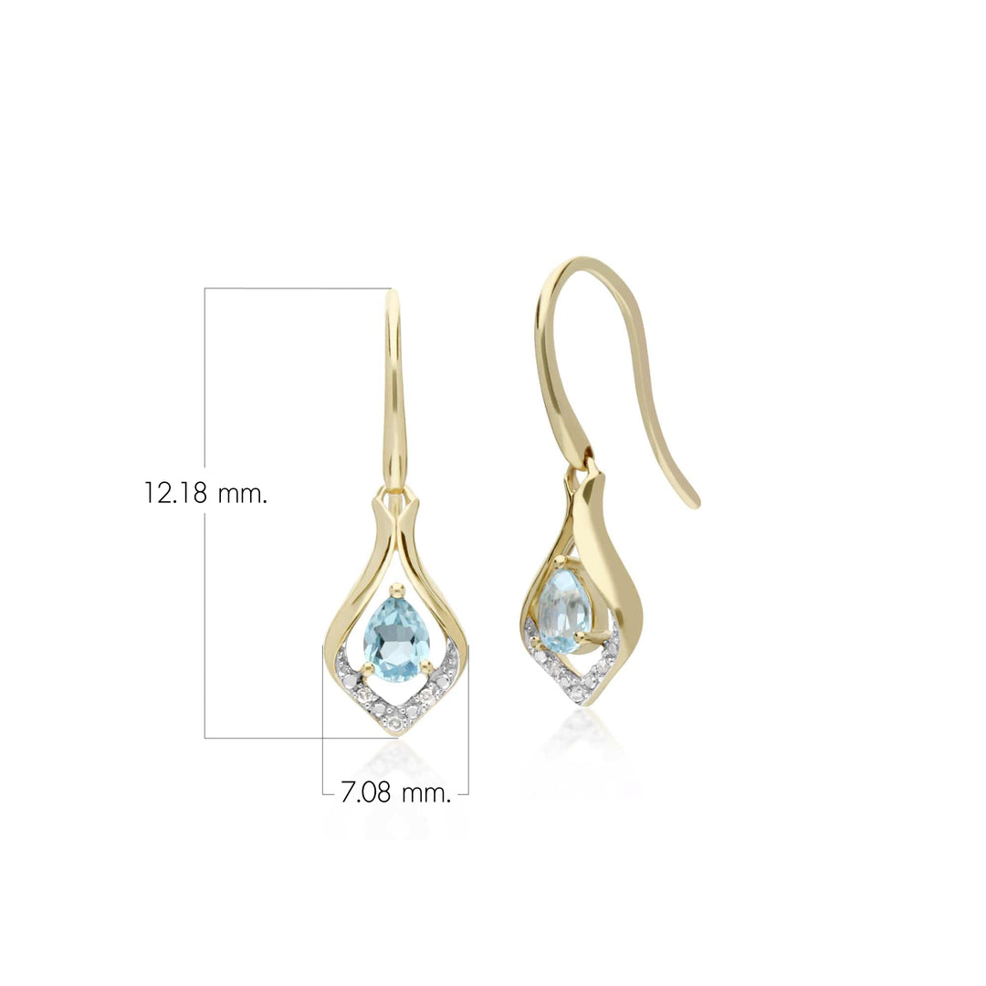 Classic Pear Blue Topaz & Diamond Leaf Halo Drop Earrings in 9ct Yellow Gold