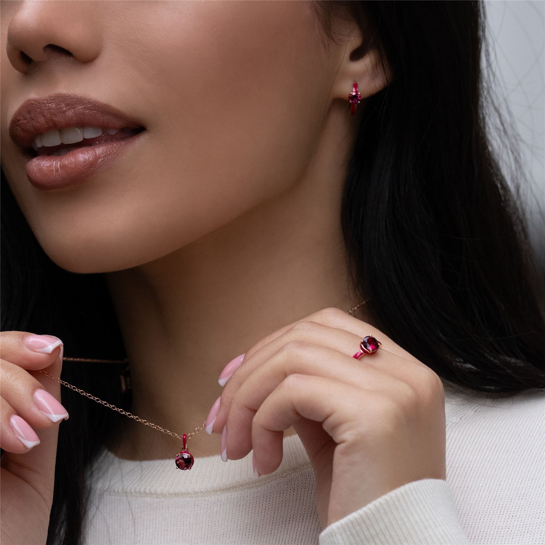 Siberian Waltz Pink Enamel & Round Rhodolite Hoop Earrings In Rose Gold Vermeil