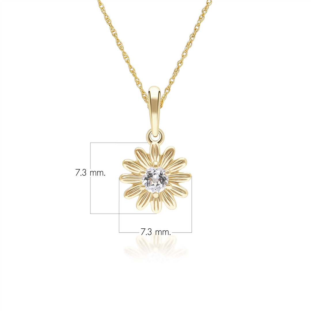 Gardenia Daisy White Sapphire Floral Halo Flower Pendant Necklace in Solid 9ct Yellow Gold