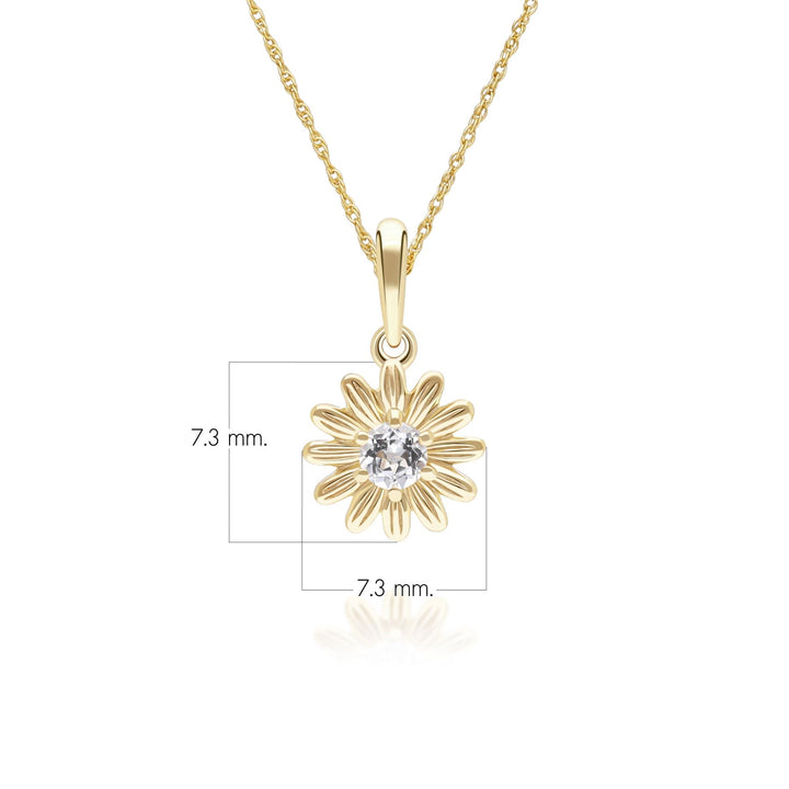 Gardenia Daisy White Sapphire Floral Halo Flower Pendant Necklace in Solid 9ct Yellow Gold
