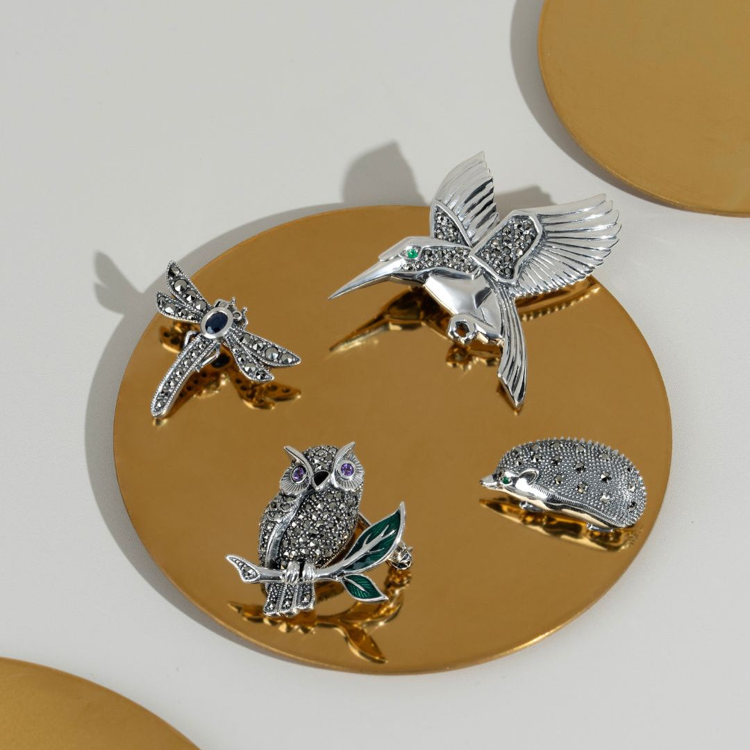 Art Nouveau Style Round Marcasite Hummingbird Brooch in 925 Sterling Silver