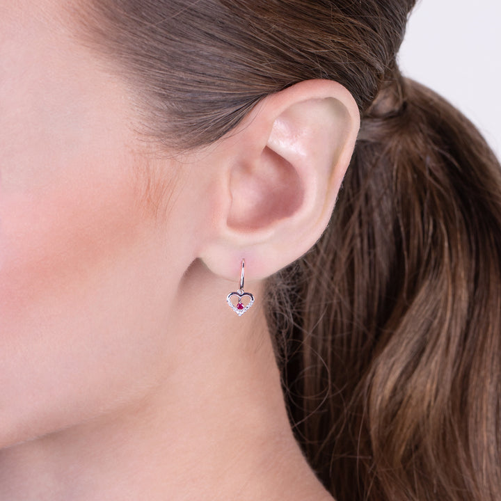 Classic Round Ruby & Diamond Love Heart Shaped Drop Earrings in 9ct White Gold