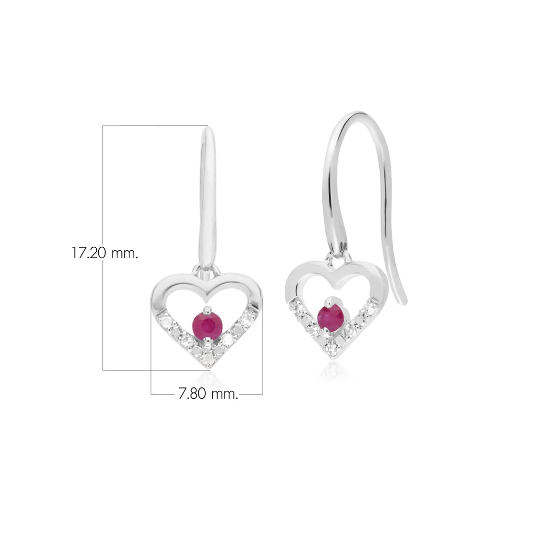 Classic Round Ruby & Diamond Love Heart Shaped Drop Earrings in 9ct White Gold