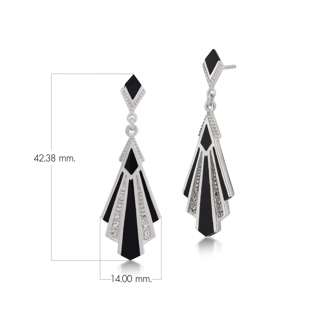 Art Deco Style Cabochon Black Onyx & Marcasite Drop Earrings