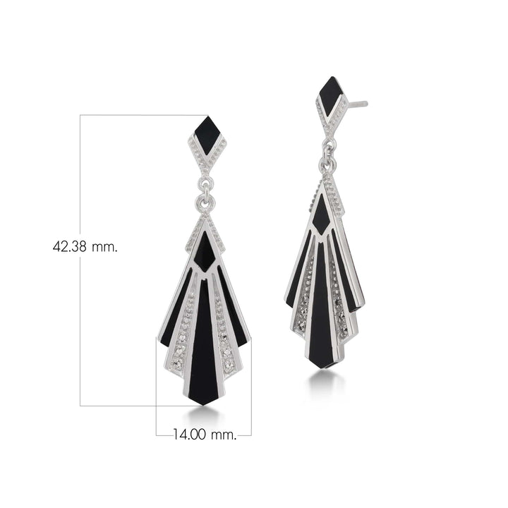 Art Deco Style Cabochon Black Onyx & Marcasite Drop Earrings