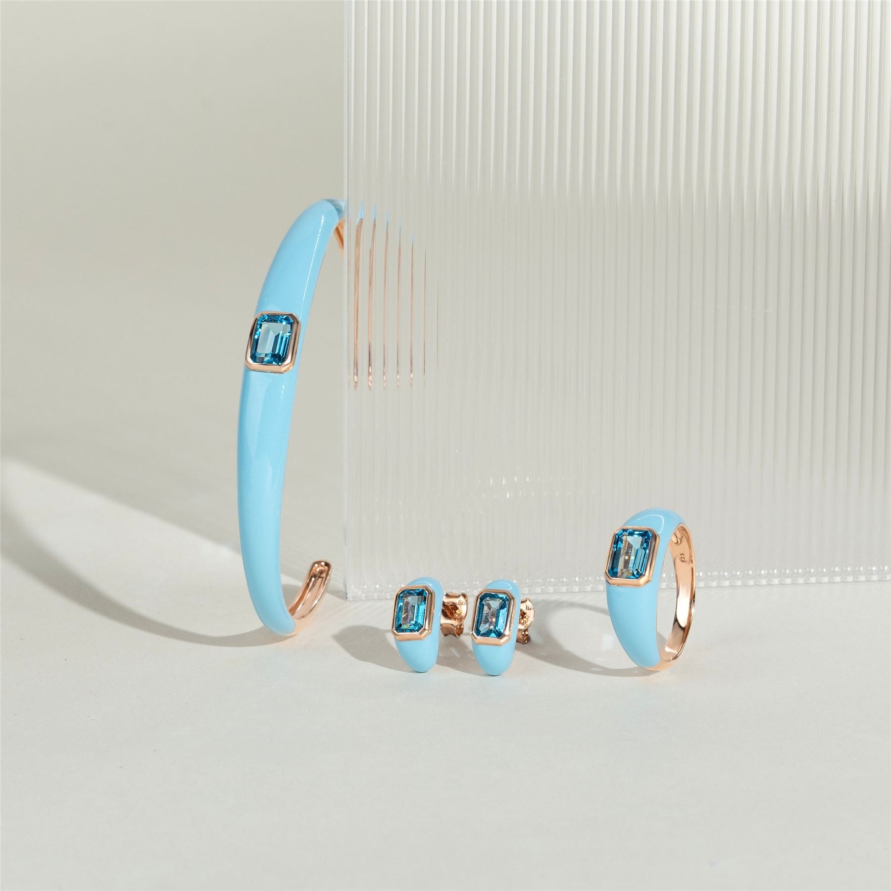 Siberian Waltz Blue Enamel & Octagon Sky Blue Topaz Ring In Rose Gold Vermeil
