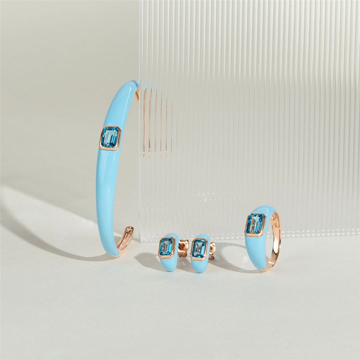 Siberian Waltz Blue Enamel & Octagon Sky Blue Topaz Ring In Rose Gold Vermeil