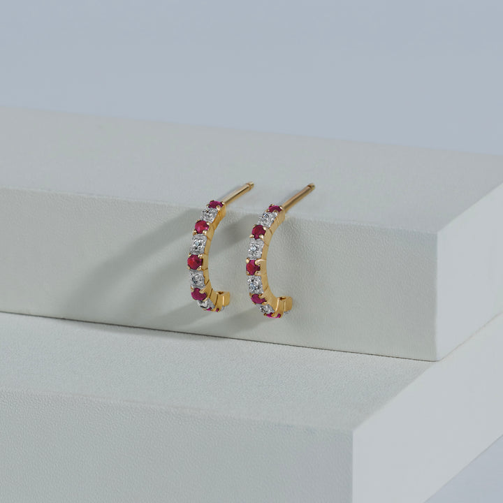 Classic Round Sapphire & Diamond Half Hoop Style Earrings in 9ct Yellow Gold