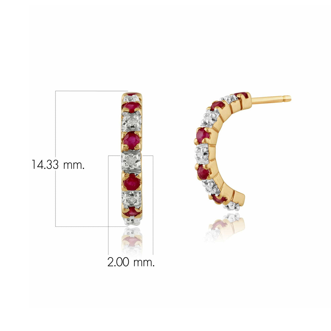 Classic Round Ruby & Diamond Half Hoop 9ct Gold Earrings