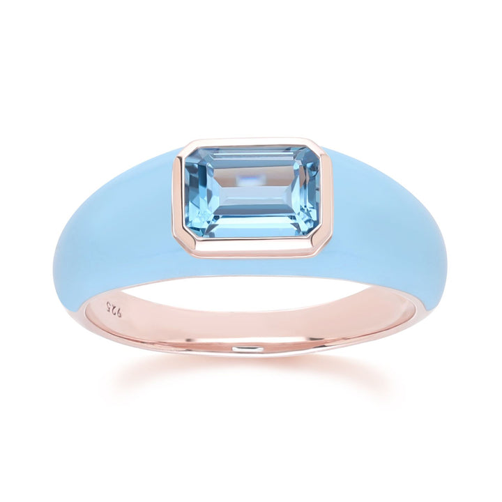 Siberian Waltz Blue Enamel & Octagon Sky Blue Topaz Ring In Rose Gold Vermeil