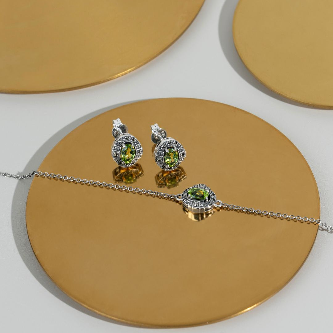 Art Deco Style Oval Peridot & Marcasite Cluster Bracelet in 925 Sterling Silver