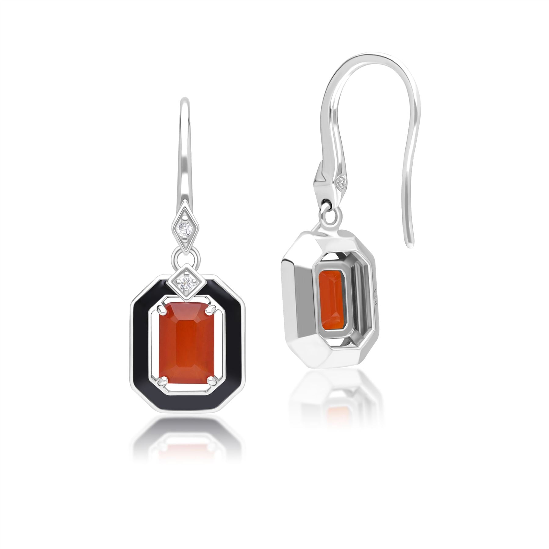 Grand Deco Black Enamel, Carnelian & Topaz Drop Earrings in Sterling Silver