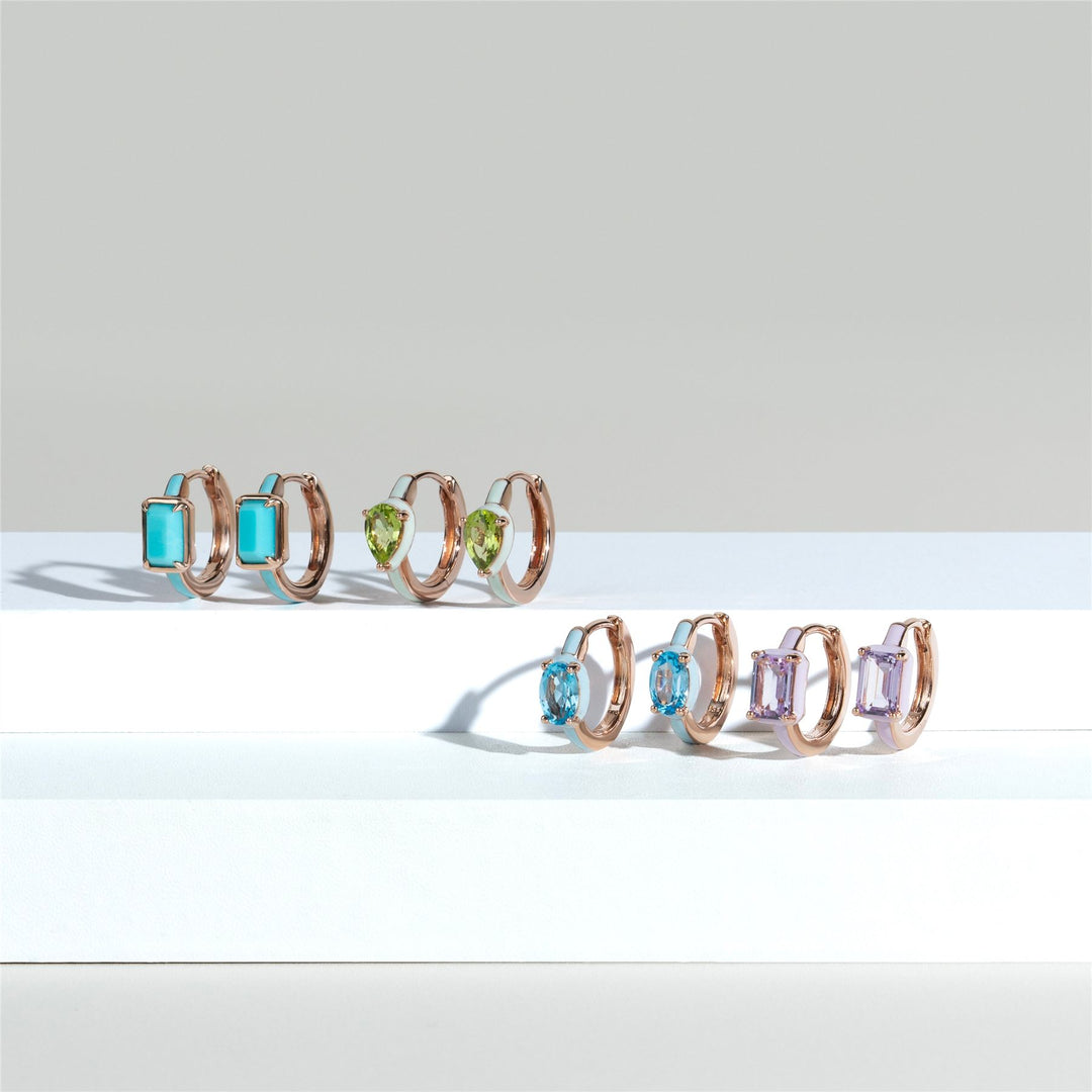 Siberian Waltz Violet Enamel & Octagon Amethyst Hoop Earrings In Rose Gold Vermeil