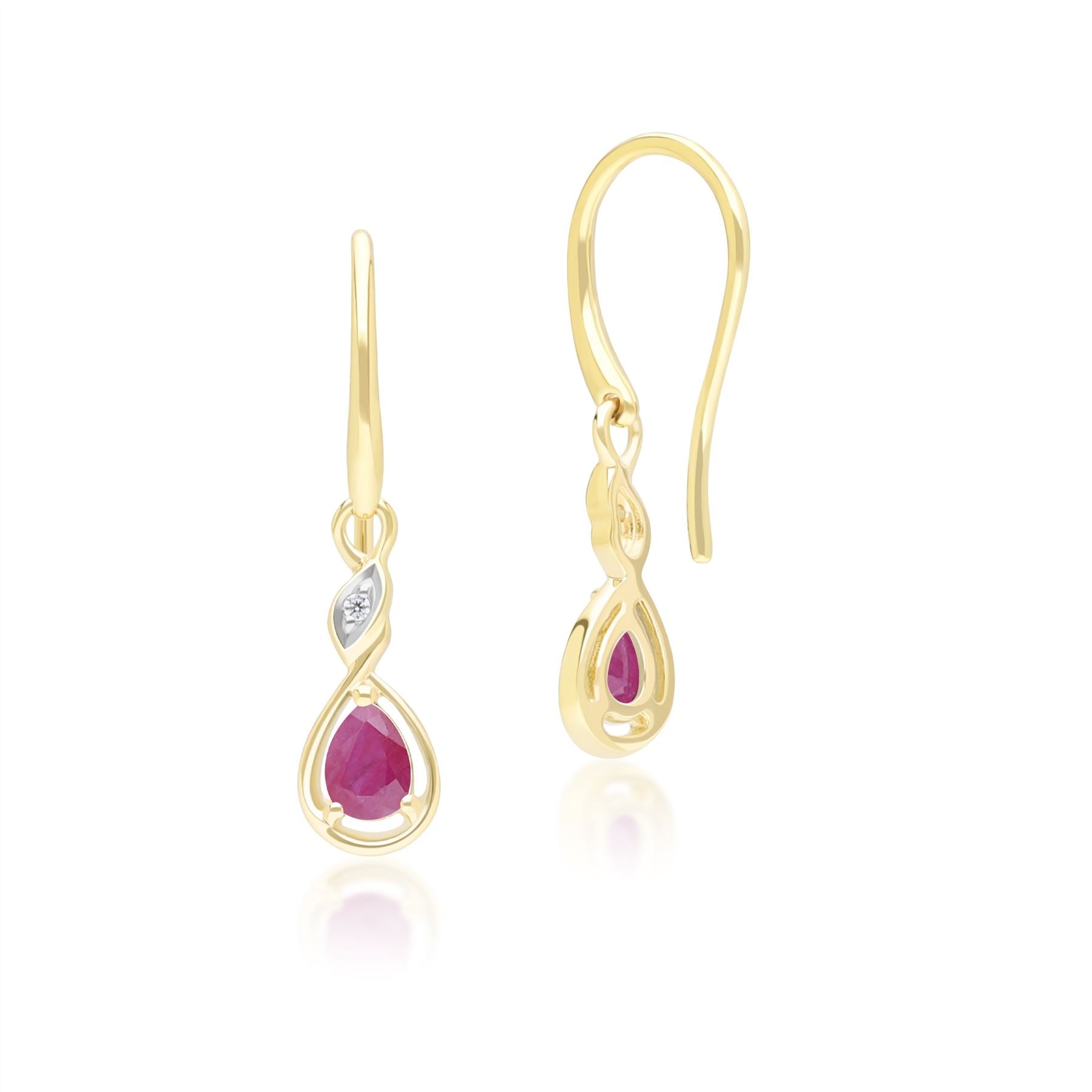 Classic Pear Ruby & Diamond Drop Earrings In 9ct Yellow Gold