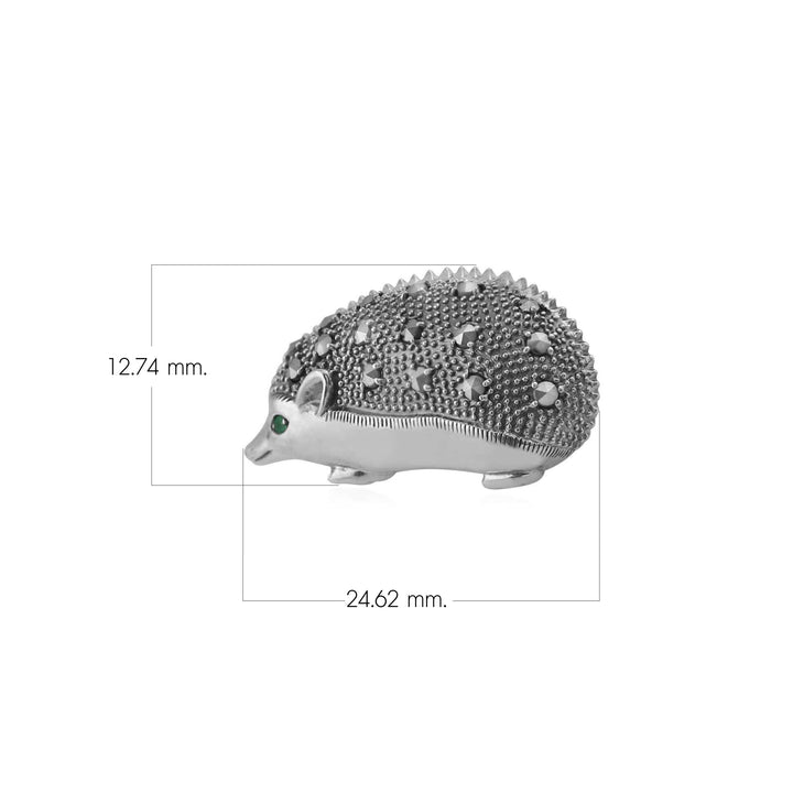 Classic Round Marcasite & Emerald Hedgehog Brooch in 925 Sterling Silver