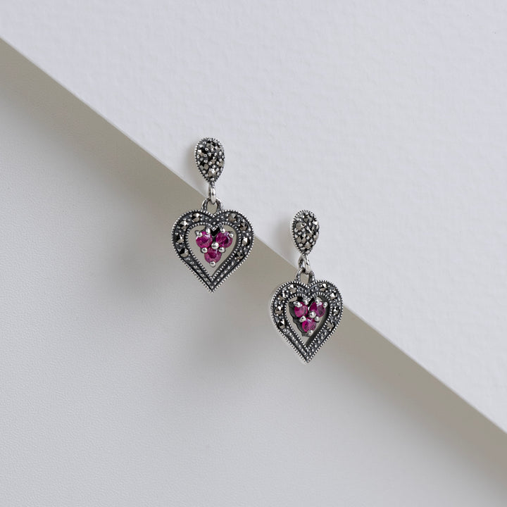 Art Deco Style  Round Ruby & Marcasite Heart Drop Earrings in 925 Sterling Silver