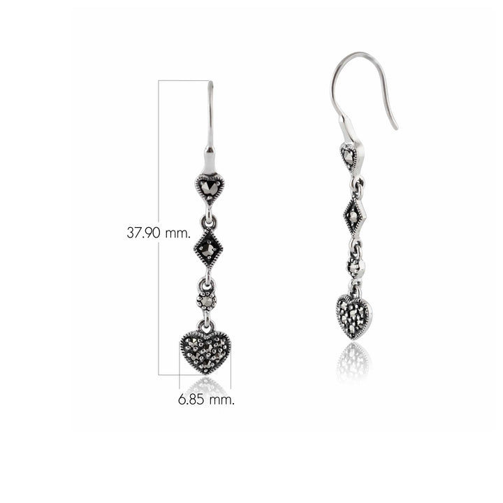 Art Deco Style Round Marcasite Pave Set Heart Drop Earrings in 925 Sterling Silver