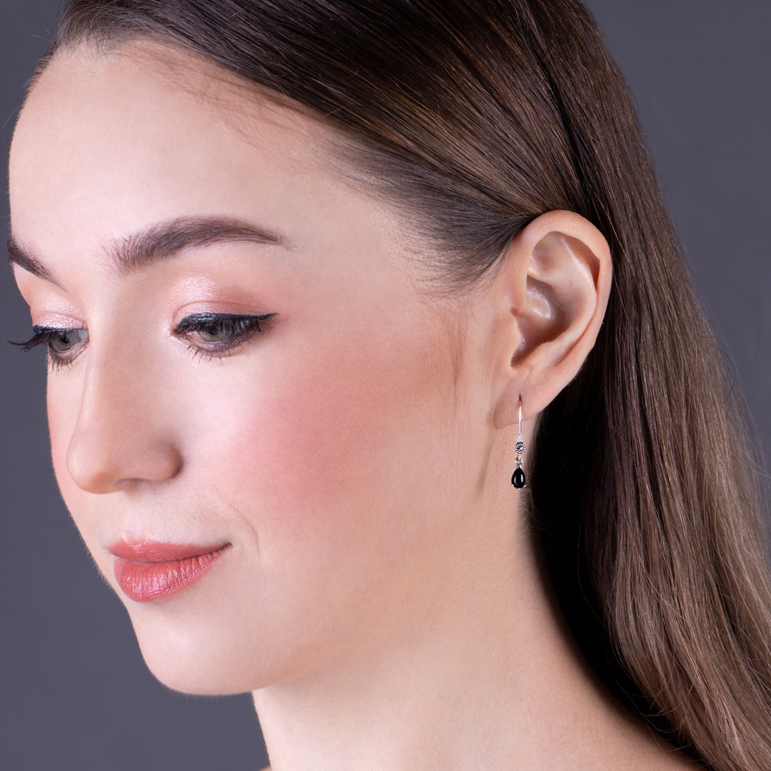 Art Nouveau Style Pear Black Onyx & Marcasite Drop Earrings in 925 Sterling Silver