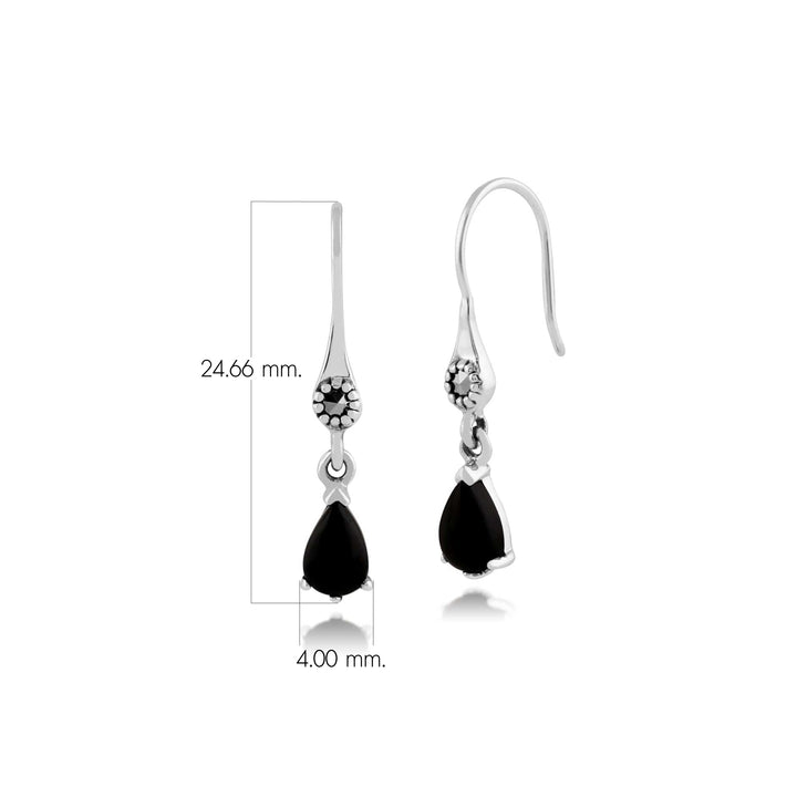 Art Nouveau Style Pear Black Onyx & Marcasite Drop Earrings in 925 Sterling Silver
