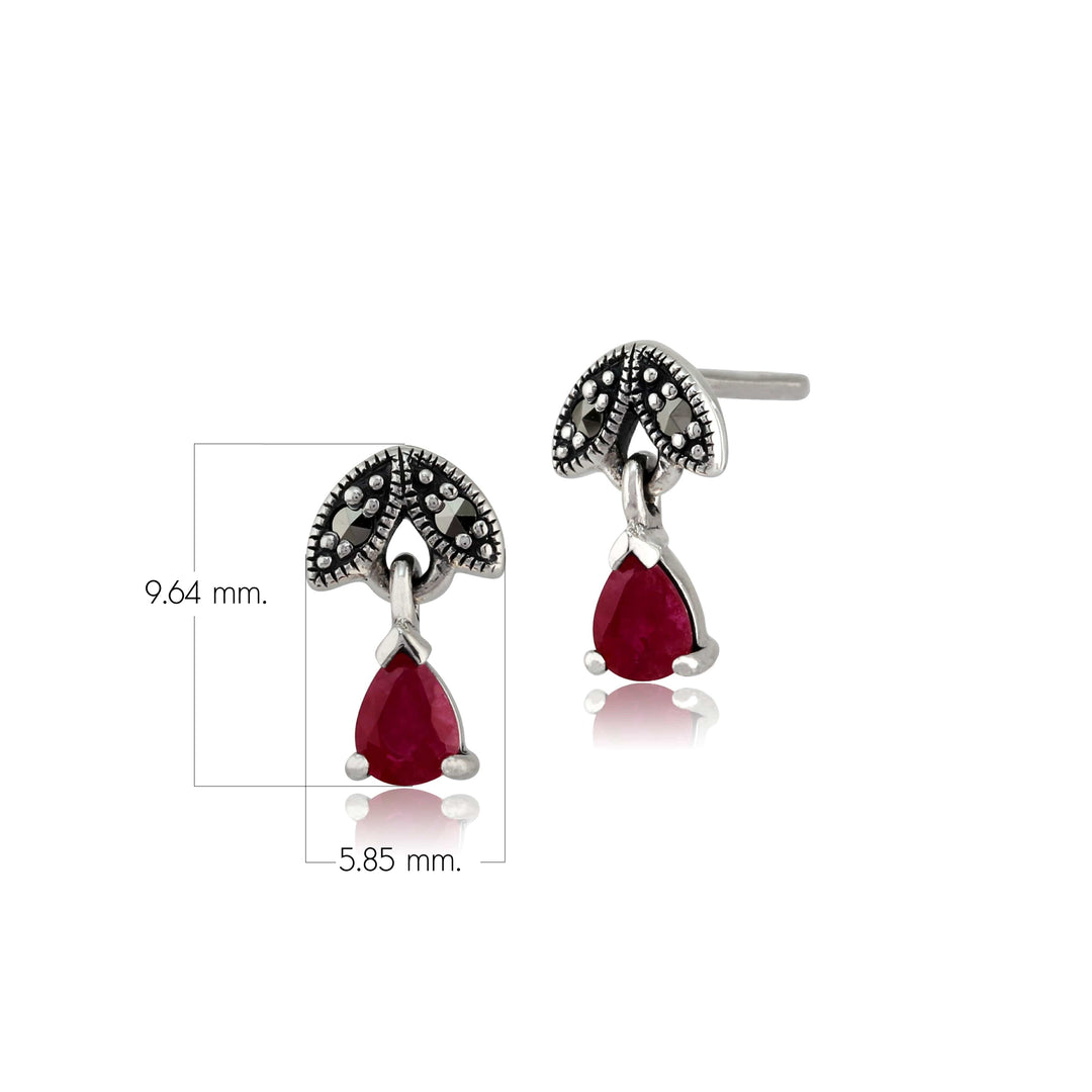 Art Nouveau Style Pear Ruby & Marcasite Drop Earrings in 925 Sterling Silver