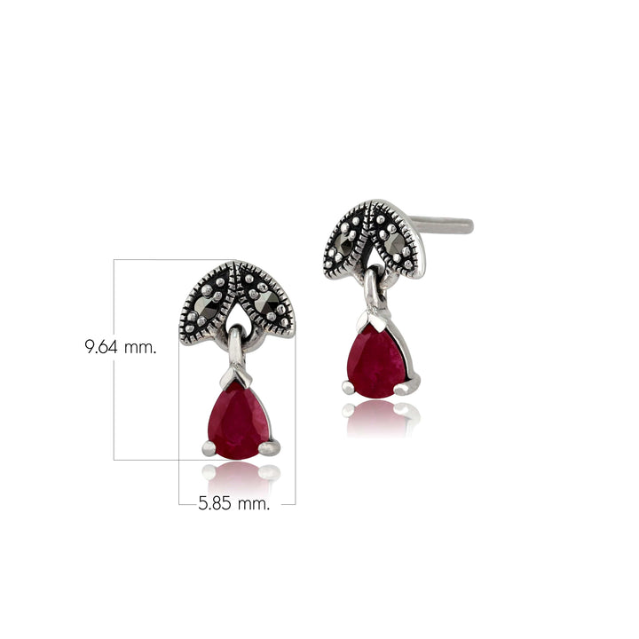 Art Nouveau Style Pear Ruby & Marcasite Drop Earrings in 925 Sterling Silver