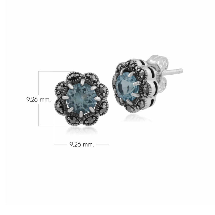 Art Nouveau Style Round Amethyst & Marcasite Stud Earrings in 925 Sterling Silver