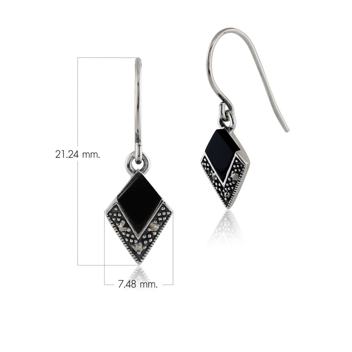 Art Deco Style Black Onyx & Marcasite Drop Earrings in 925 Sterling Silver
