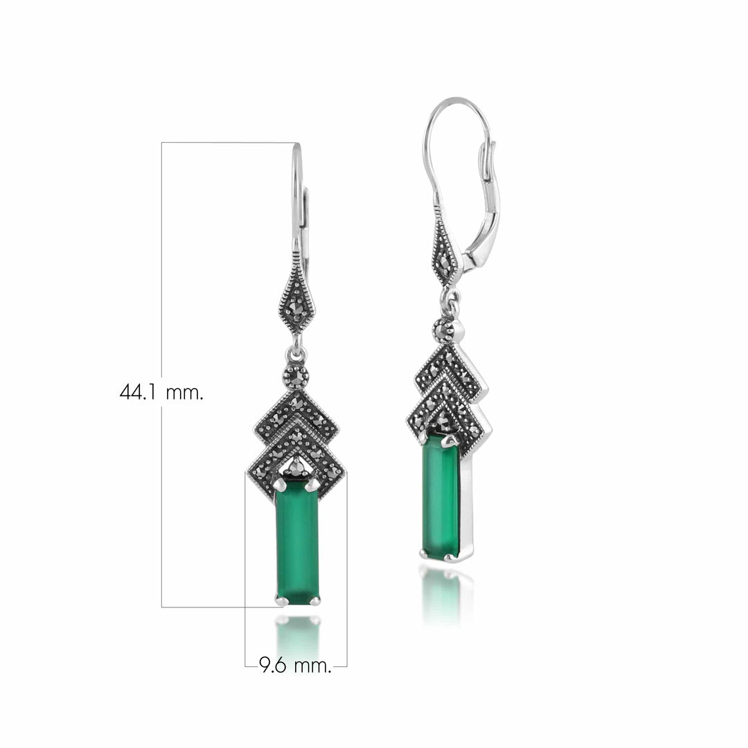 Art Deco Style Rectangle Green Chalcedony & Marcasite Drop Earrings in Silver