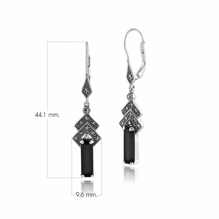 Art Deco Style Rectangle Black Onyx & Marcasite Drop Earrings in Silver