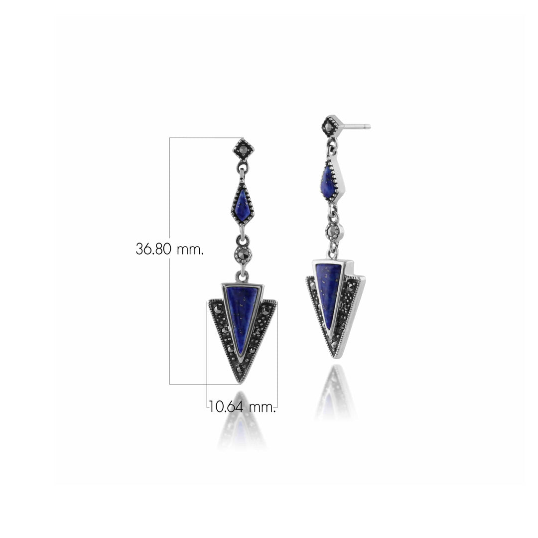 Art Deco Style Triangle Lapis Lazuli & Marcasite Drop Earrings in 925 Sterling Silver