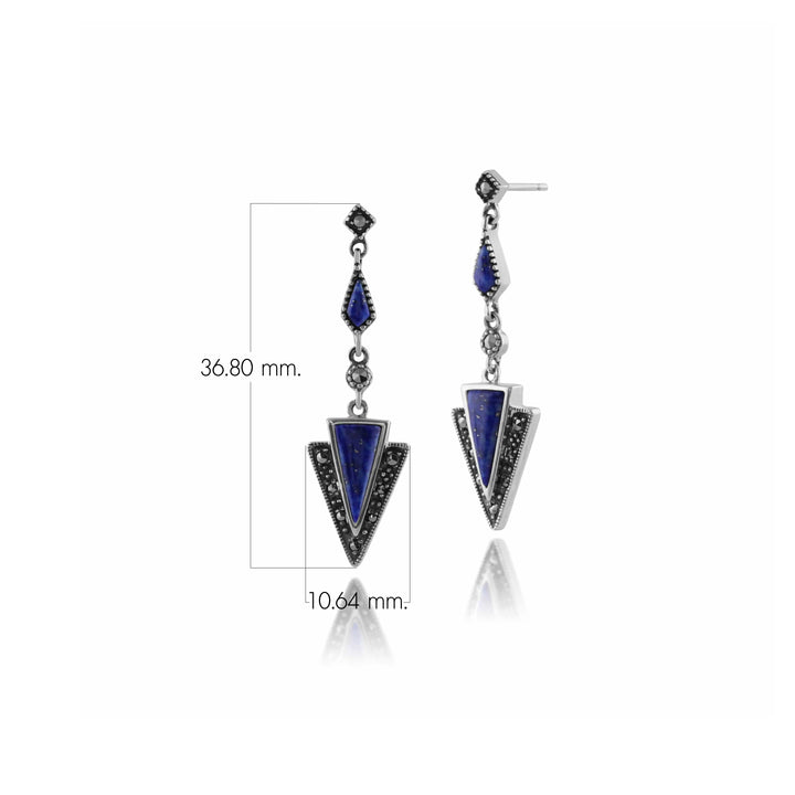 Art Deco Style Triangle Lapis Lazuli & Marcasite Drop Earrings in 925 Sterling Silver