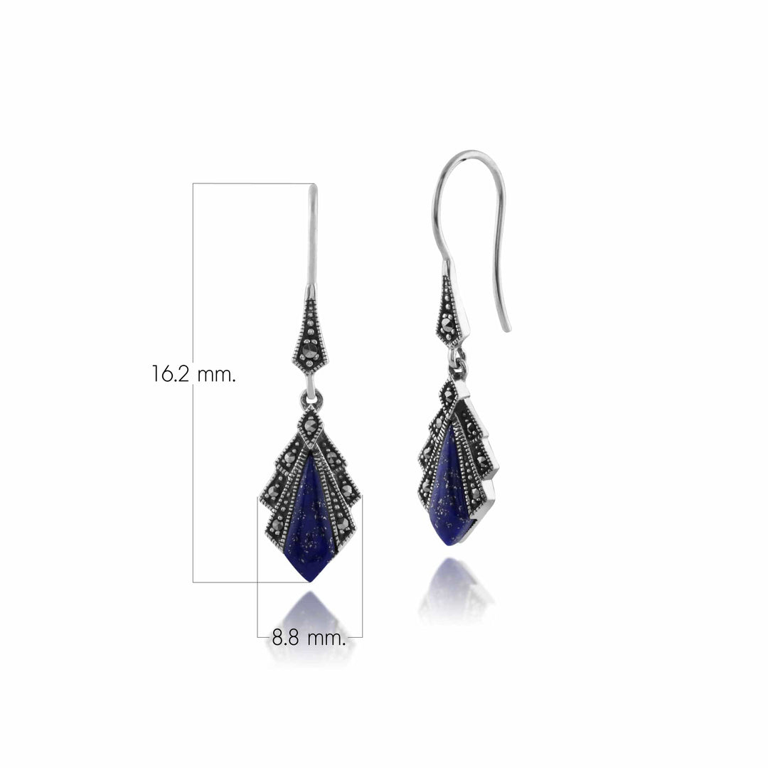 Art Deco Style Diamond Lapis Lazuli & Marcasite Drop Earrings in 925 Sterling Silver