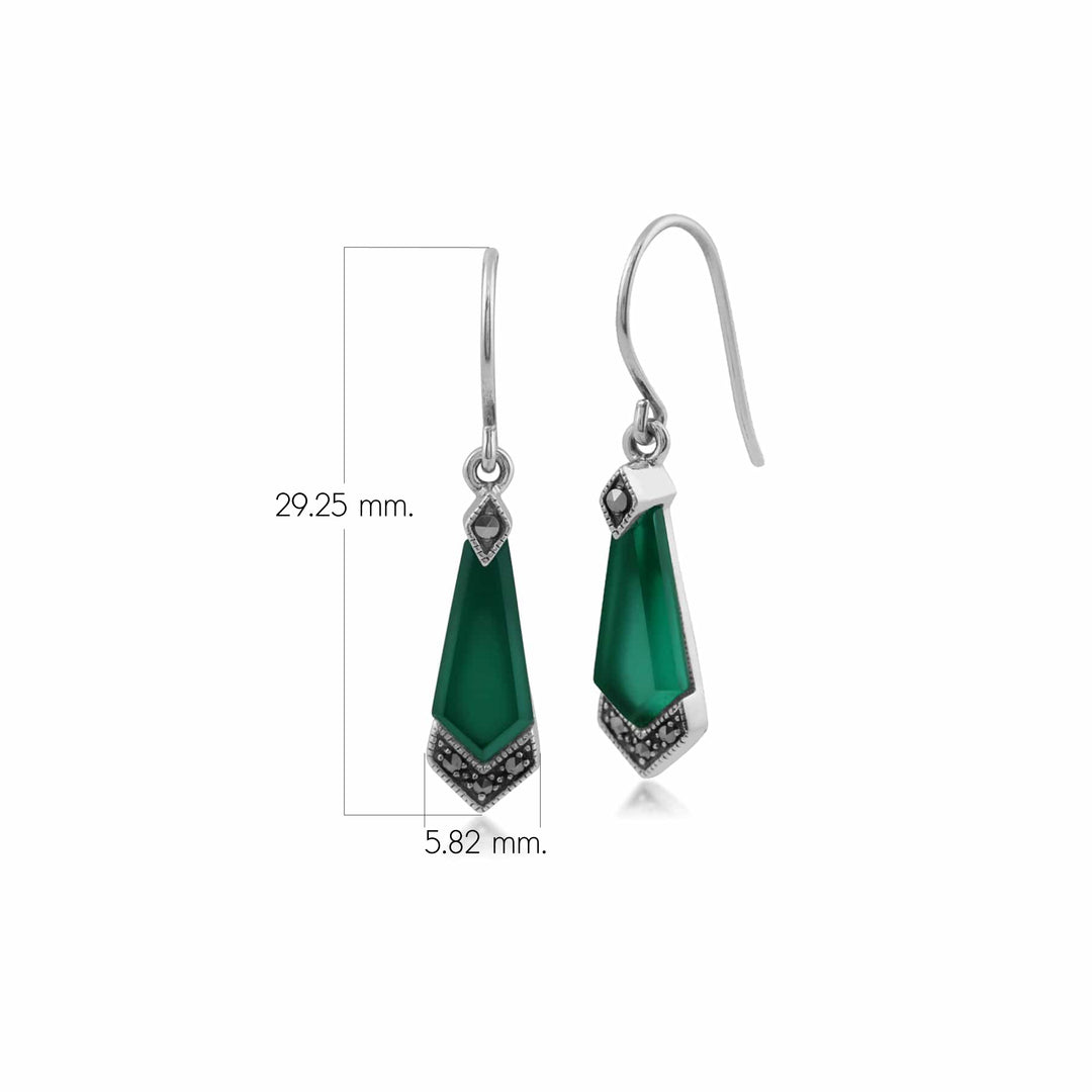 Art Deco Style Green Chalcedony & Marcasite Kite Drop Earrings in 925 Sterling Silver