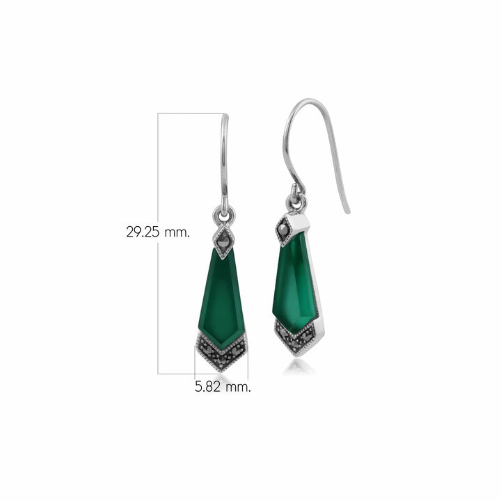 Art Deco Style Green Chalcedony & Marcasite Kite Drop Earrings in 925 Sterling Silver