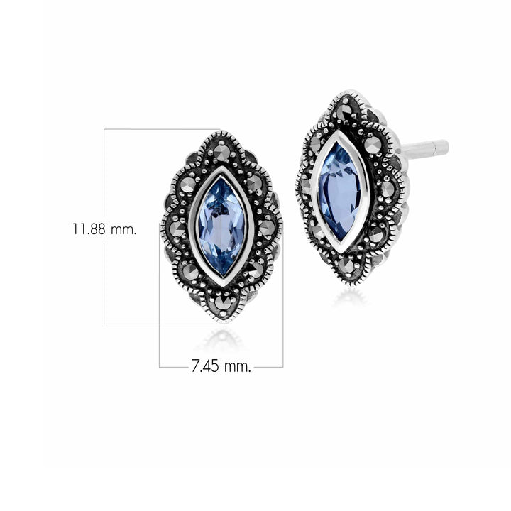 Art Nouveau Marquise Blue Topaz & Marcasite Stud Earrings in 925 Sterling Silver