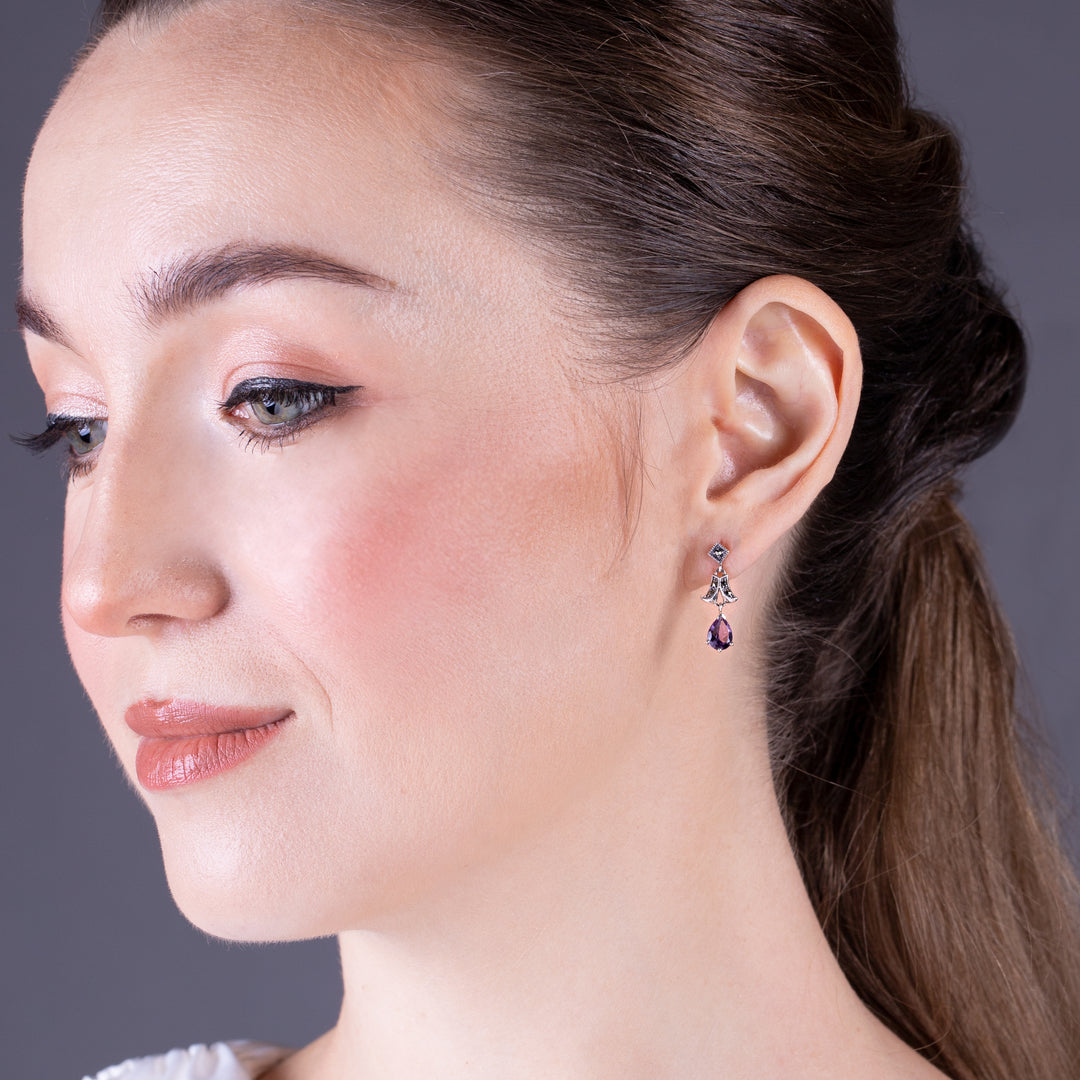 Art Nouveau Style Pear Garnet & Marcasite Drop Earrings in 925 Sterling Silver