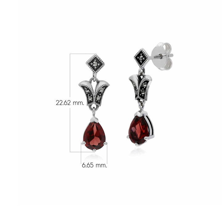 Art Nouveau Style Pear Garnet & Marcasite Drop Earrings in 925 Sterling Silver