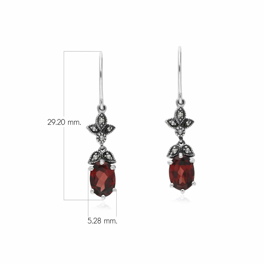 Art Nouveau Style Oval Garnet & Marcasite Drop Earrings in 925 Sterling Silver