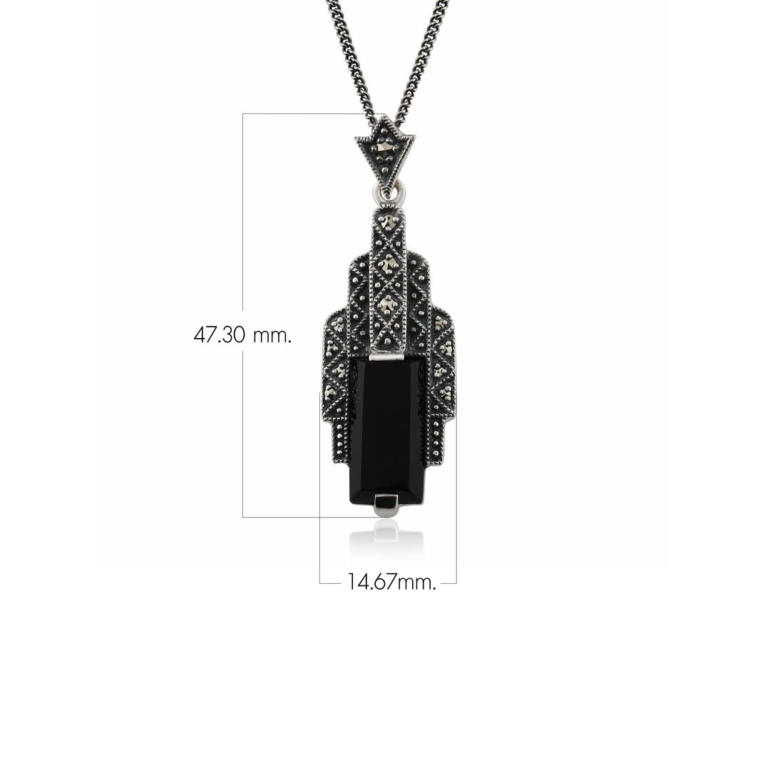 Art Deco Style Rectangle Black Onyx Cabochon & Marcasite Necklace In Sterling Silver