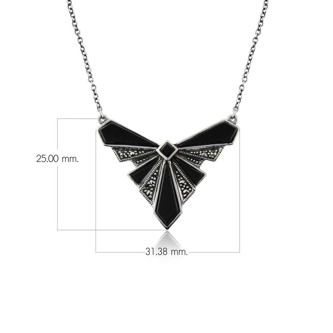 Art Deco Style Black Onyx Cabochon & Marcasite Necklace in 925 Sterling Silver