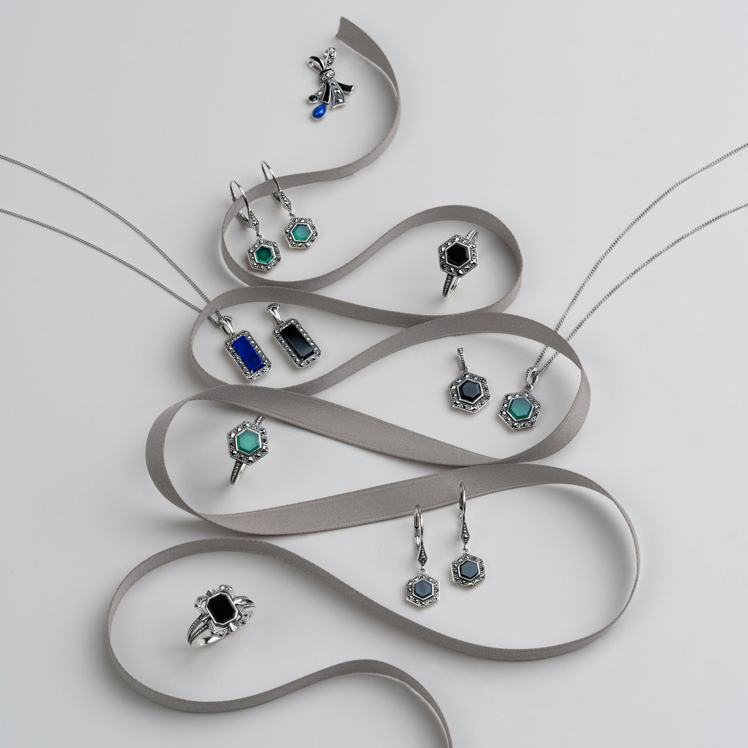 Art Nouveau Style Marcasite, Chalcedony and Black Enamel Ribbon Bow Pendant Necklace in Sterling Silver
