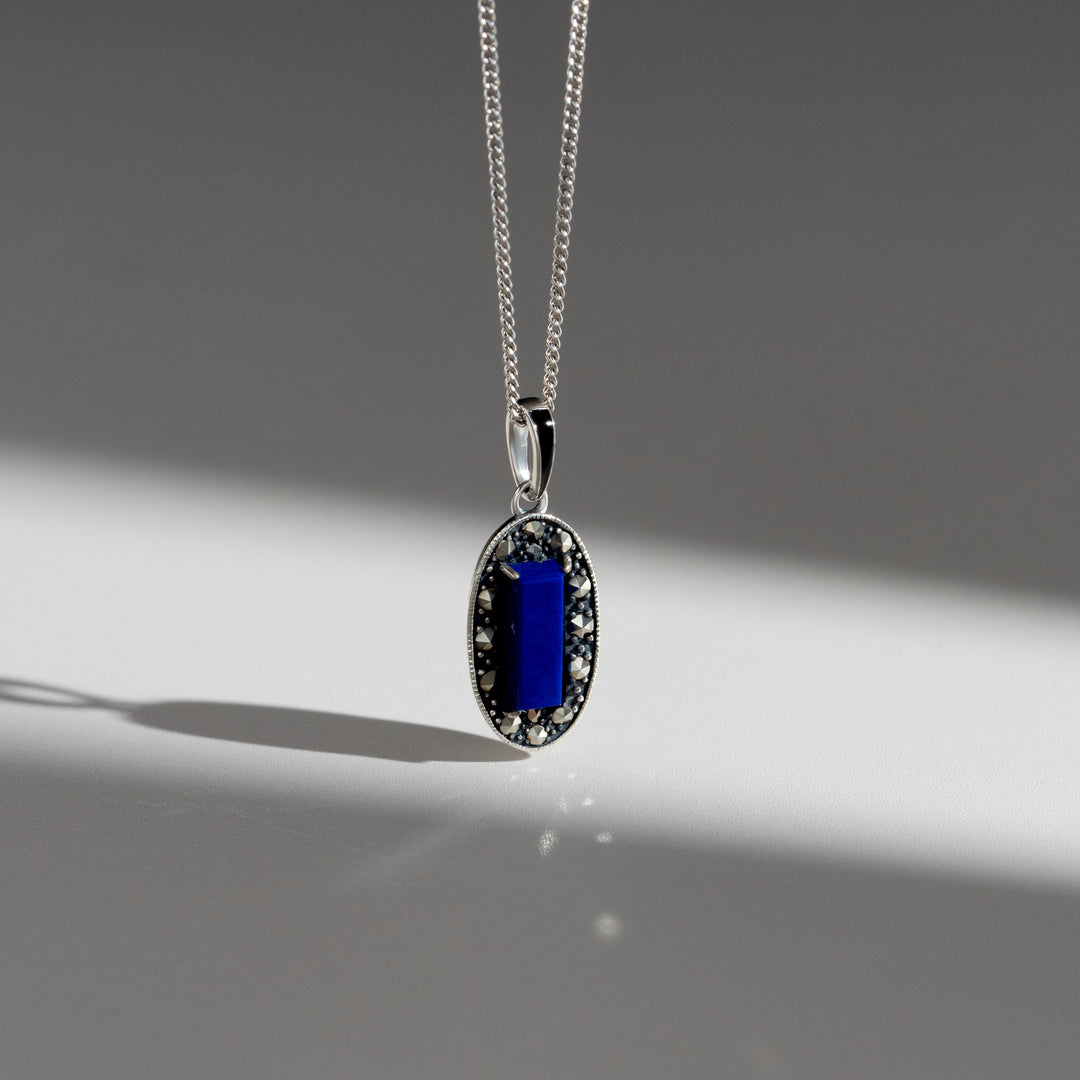 Art Deco Style Oval Lapis Lazuli, Marcasite and Black Enamel Pendant Necklace in Sterling Silver
