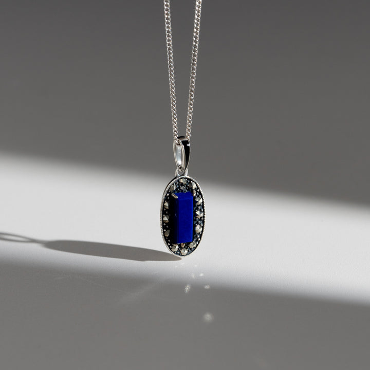 Art Deco Style Oval Lapis Lazuli, Marcasite and Black Enamel Pendant Necklace in Sterling Silver