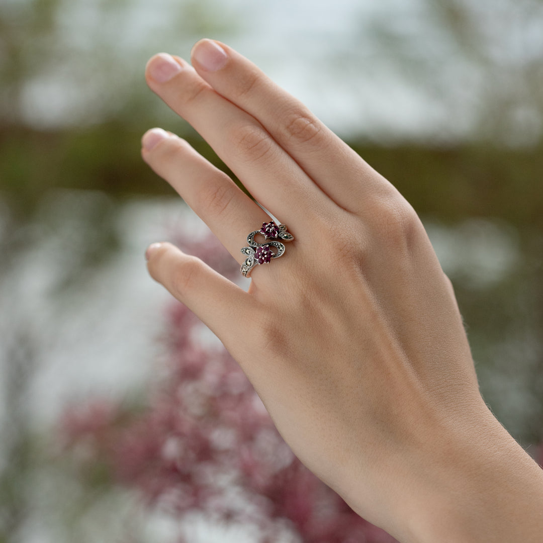 Art Nouveau Style Round Ruby & Marcasite Flower Ring in Sterling Silver
