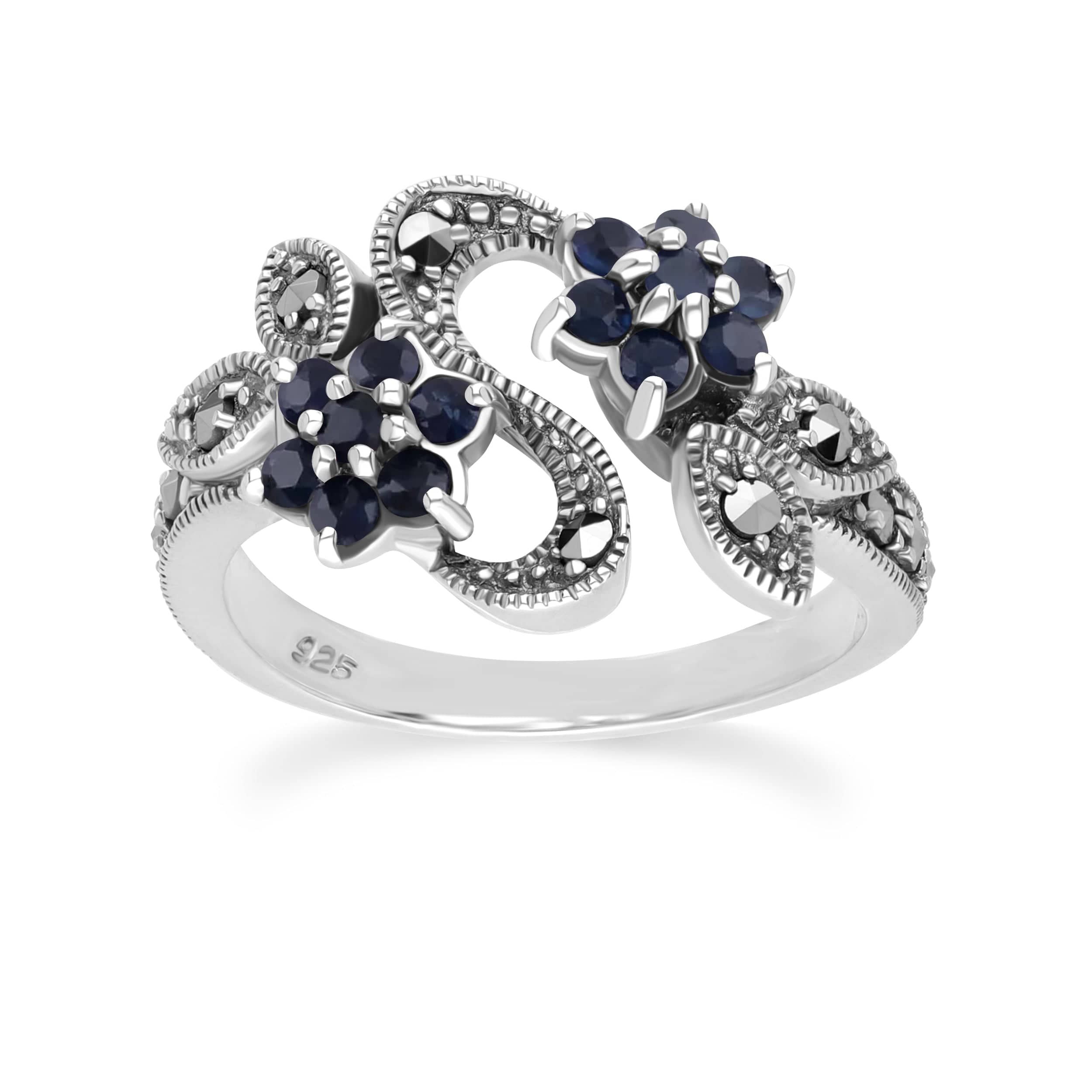 214R247404925 Art Nouveau Style Round Sapphire & Marcasite Flower Ring in 925 Sterling Silver 1