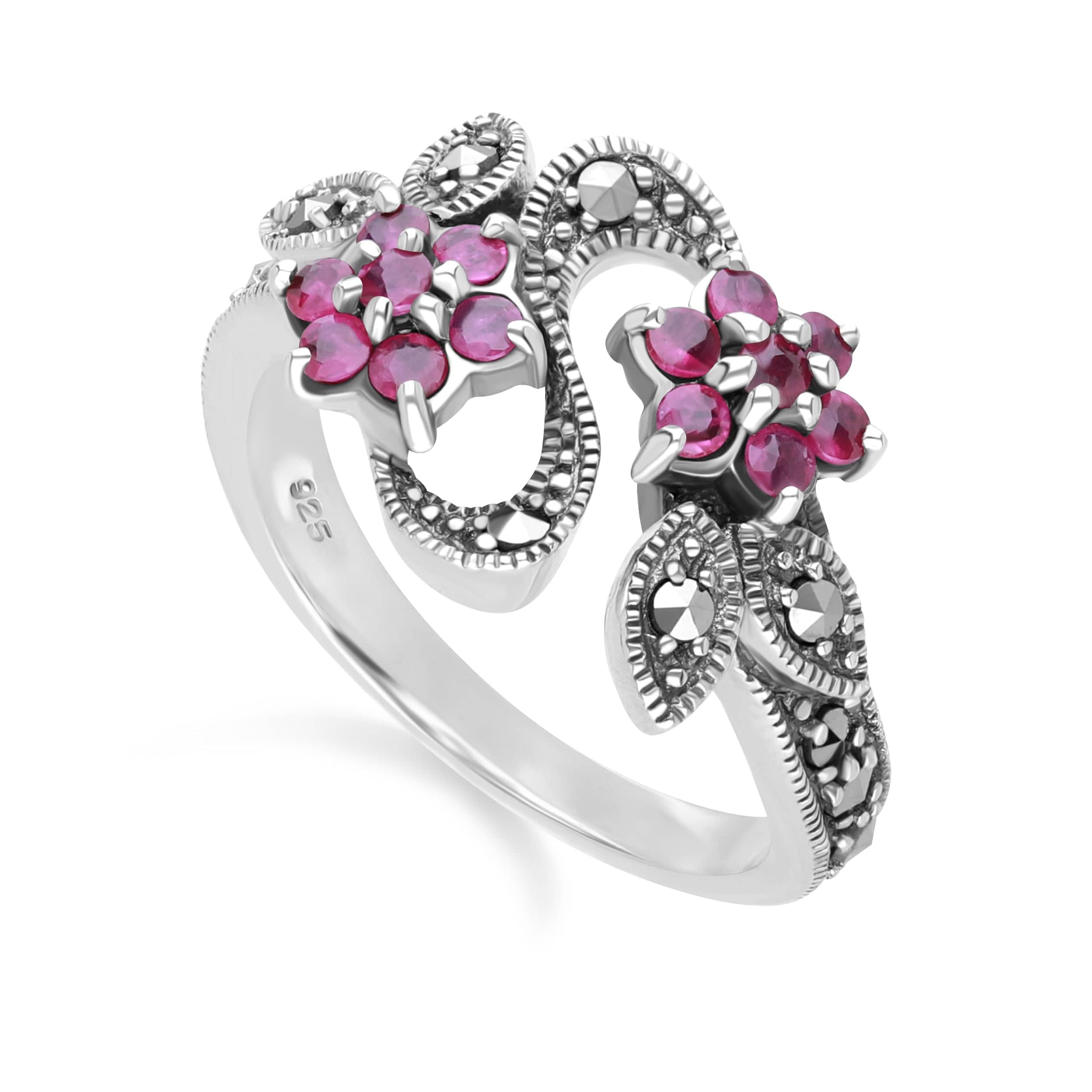 214R247401925 Art Nouveau Style Round Ruby & Marcasite Flower Ring in Sterling Silver 2