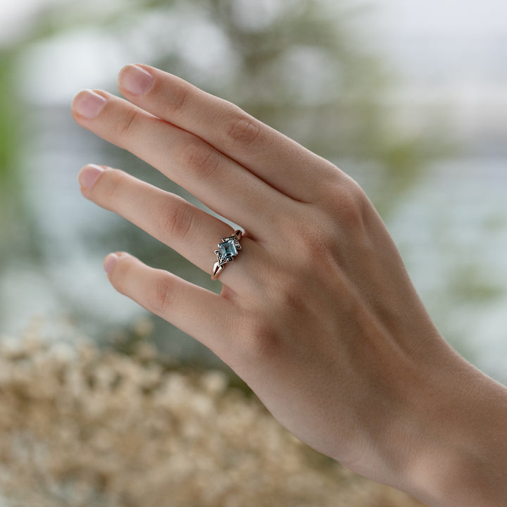 Art Deco Style Square Blue Topaz & Marcasite Ring in 925 Sterling Silver