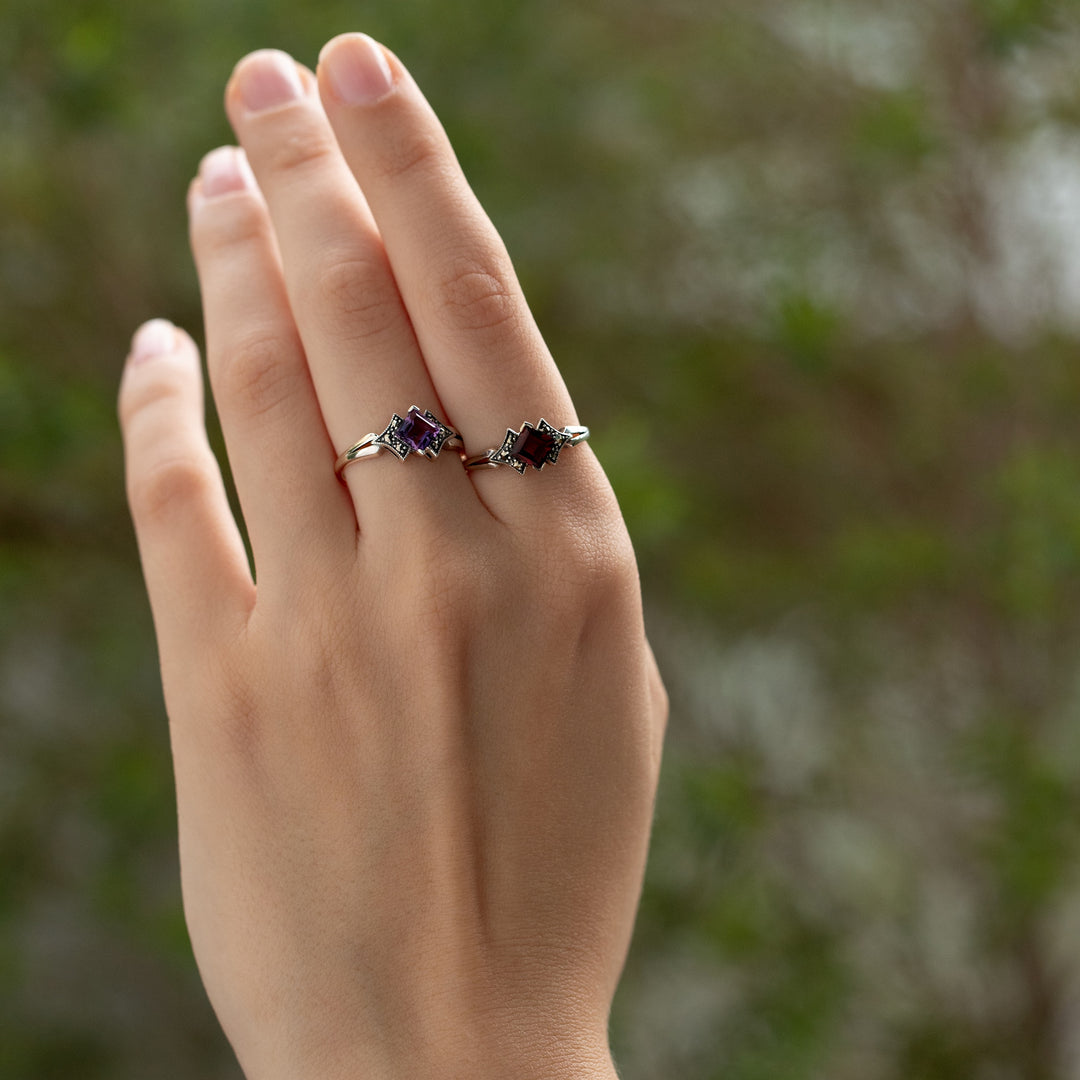 Art Deco Style Square Garnet & Marcasite Ring in 925 Sterling Silver
